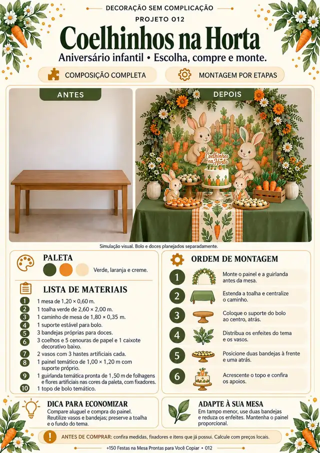 Projeto 012, festa com tema Coelhinhos na Horta: antes e depois, lista de materiais e custo estimado